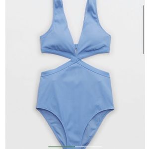 Aerie Ribbed Mix Crossover Cut Out One Piece - Blue Lion Size Large Long